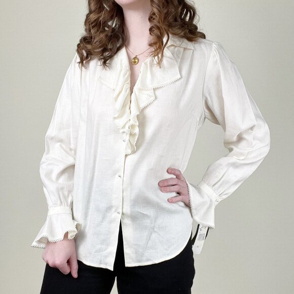 Vintage 100% Linen Ruffle Lace Cottagecore Whimsigoth Victorian Shirt Blouse Top - Picture 2 of 9